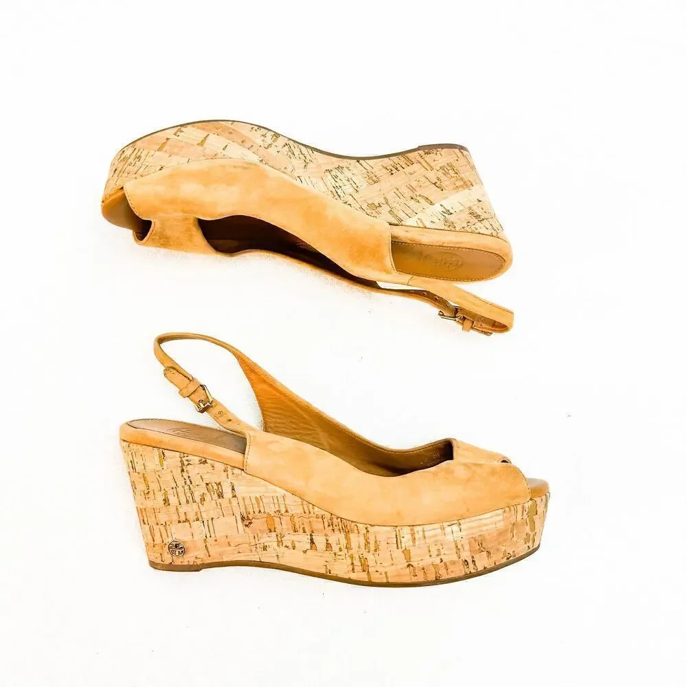 Tory Burch Tan Suede Peep Toe Wedge Slingback Sandals Size 8